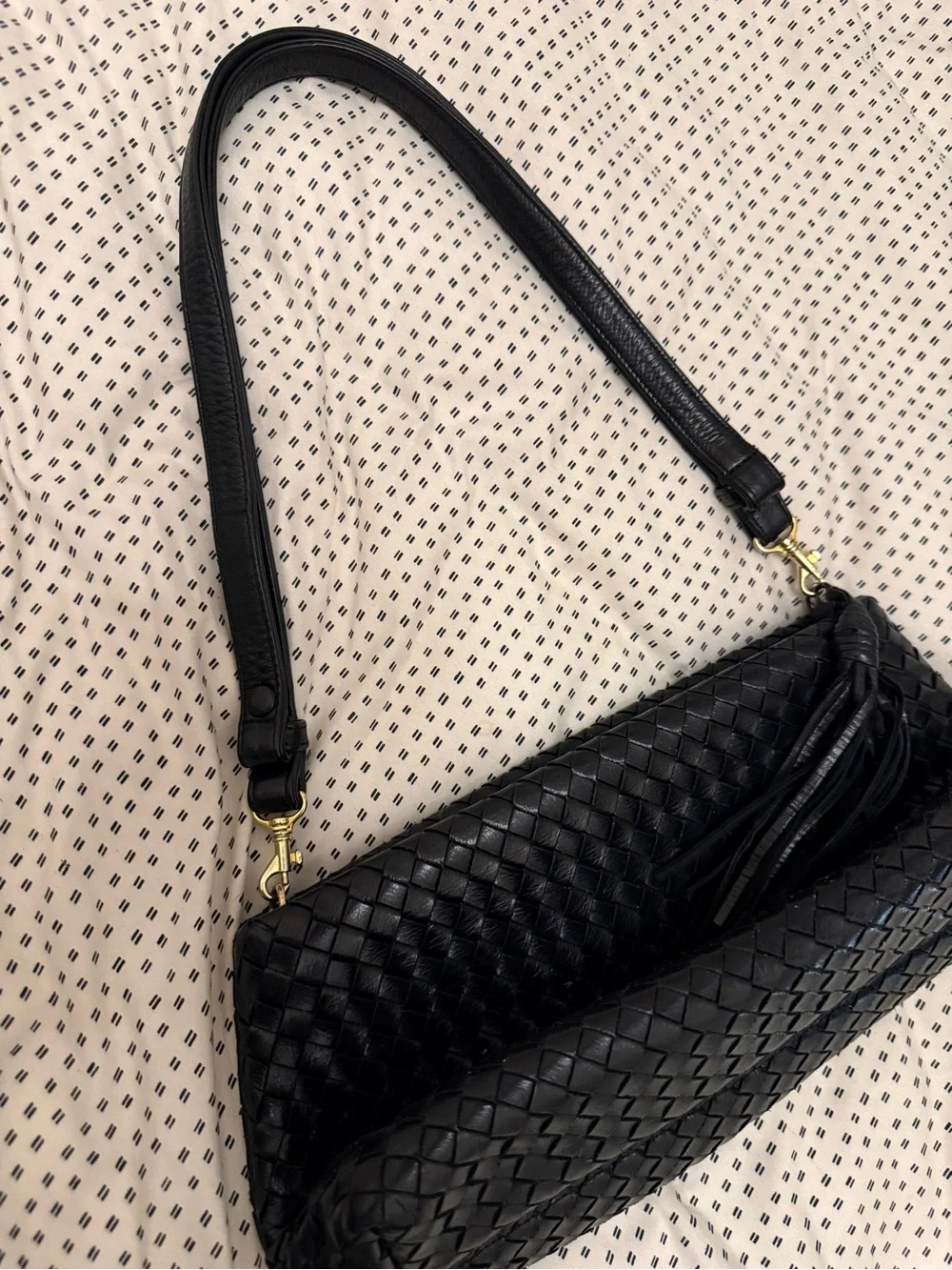 Black Woven Leather 3 Ways Bag with Tassel - Picture 12 of 14
